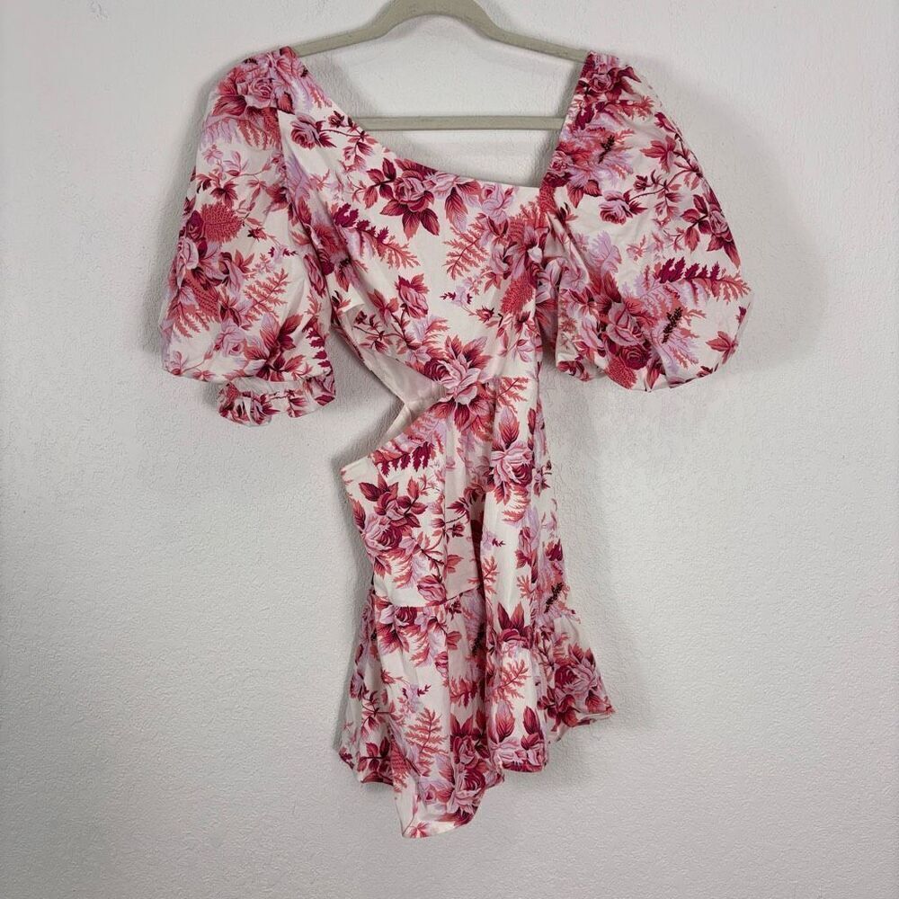 Hello Molly Light Pink Rose Floral Puff Sleeve Cut Out Side Mini Dress XS